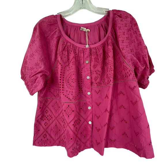 Faherty Carmel Cactus Flower Pink Eyelet Blouse Lined Small Organic Cotton - Picture 1 of 16